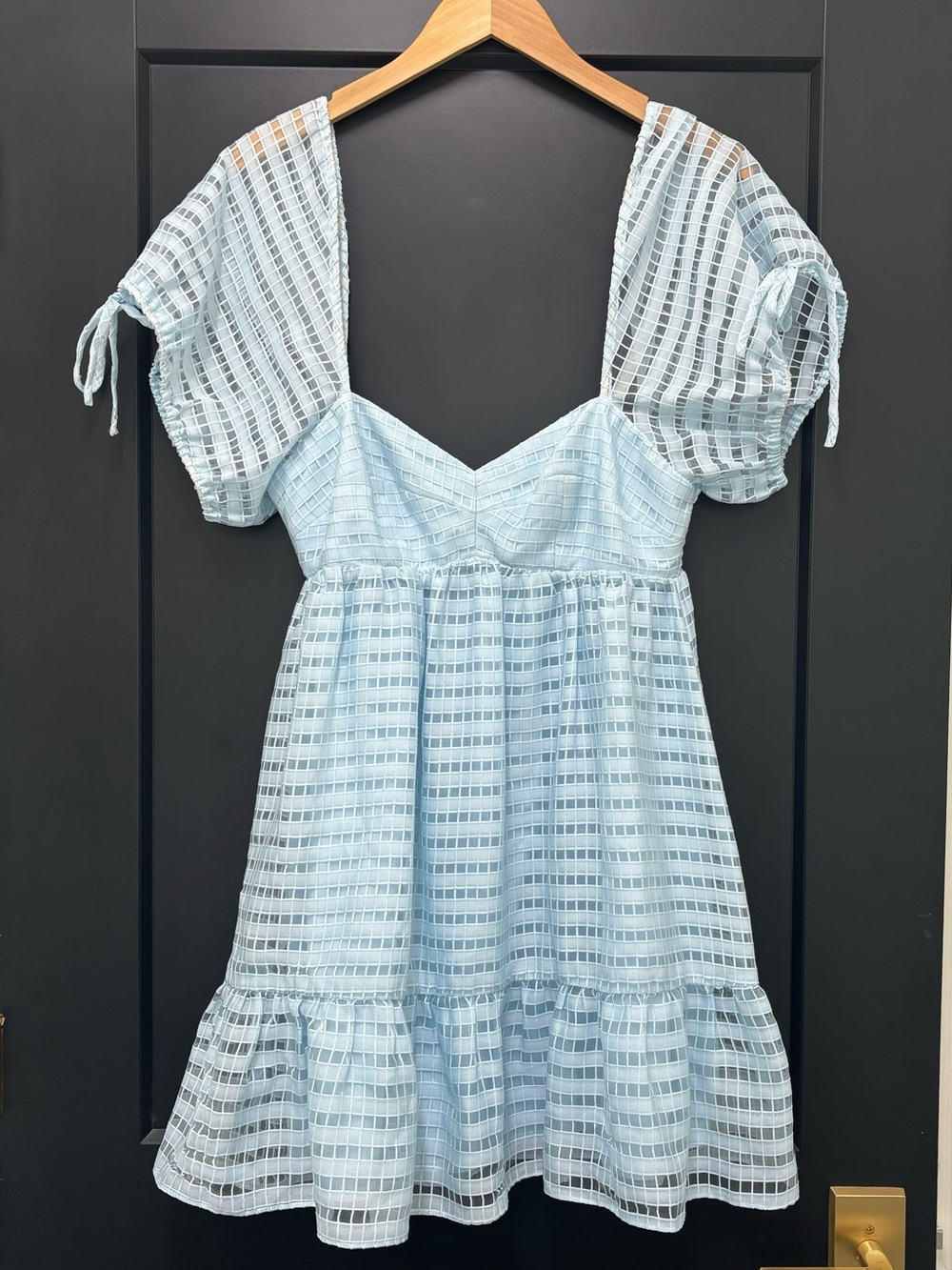 Amanda Uprichard Sicily Mini Dress Powder Blue Textured Puff Sleeve Medium - Picture 2 of 14